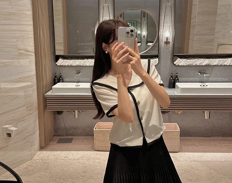 Ploven Color Matching Sailor Collar Semi-crop Cardigan