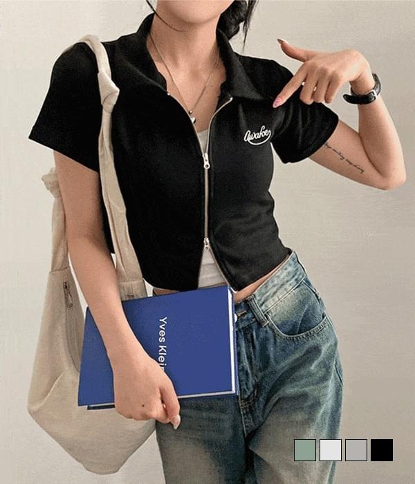 That Awake, embroidered lettering two-way collar zip-up short sleeve