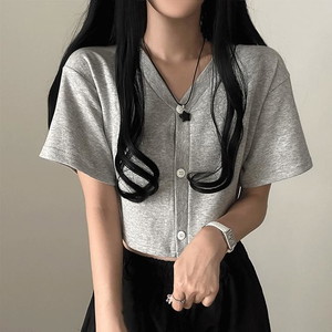 버튼 크롭 반팔가디건