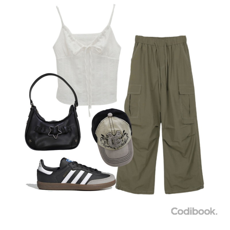 wonderwonder 코닐 y2k 워싱 자수 패치 배색 볼캡 모자,binary01 오뉴 카고 와이드팬츠,wonderwonder 스타니 빈티지 별 버클 데님 호보 숄더백등을 매치한 코디