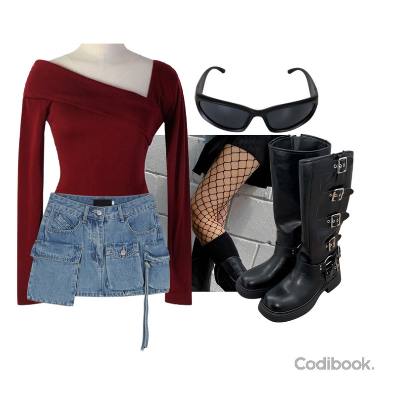 dangosister 미코랩기모T(6c) 오프숄더로섹시한무드:D,binary01 애즈베리 선글라스,kim9hope 42 leather biker boots등을 매치한 코디