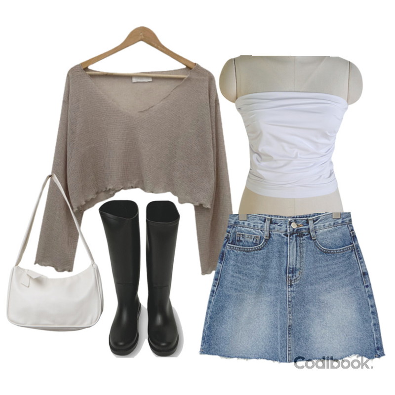 ccomeng 웨이브시스루니트크롭긴팔티(4color),VANHECER 스티치 파스텔 미니 숄더백 데일리 가방 B#YW101,MAGLE 브러쉬 포인트 데님 스커트 - 3 size등을 매치한 코디