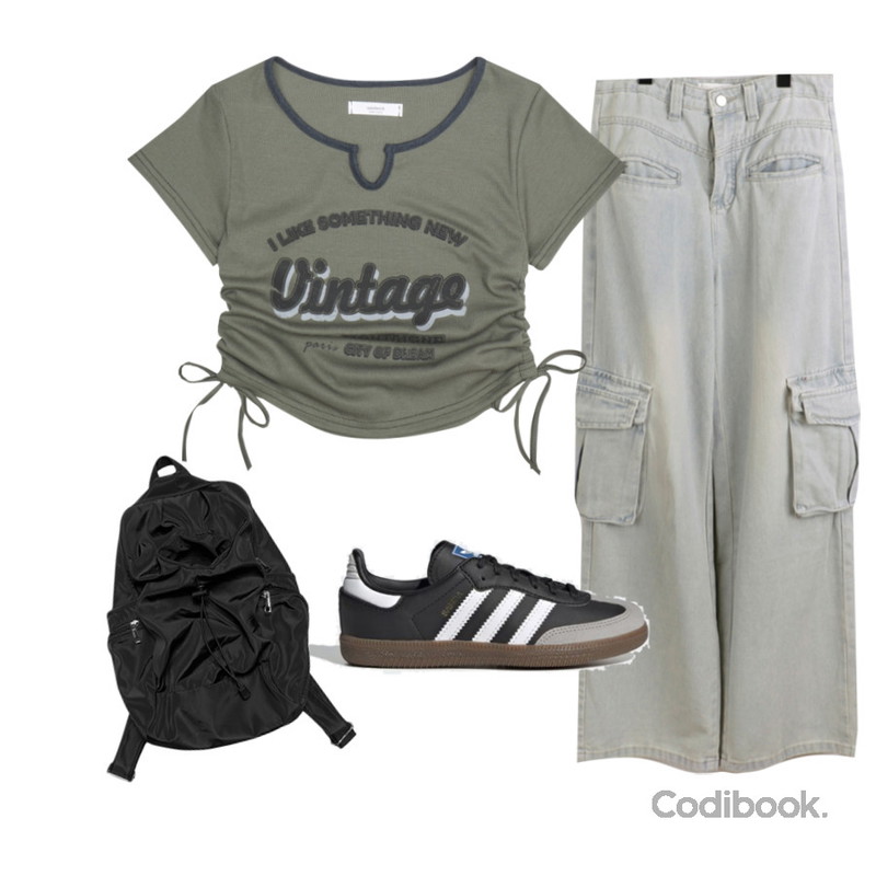 Fresco 빈티지 크롭 티셔츠,wonderwonder 워시드 포켓 카고 연청 롱 와이드 데님 팬츠,anyonemore 타키 나일론 텀블 백팩등을 매치한 코디