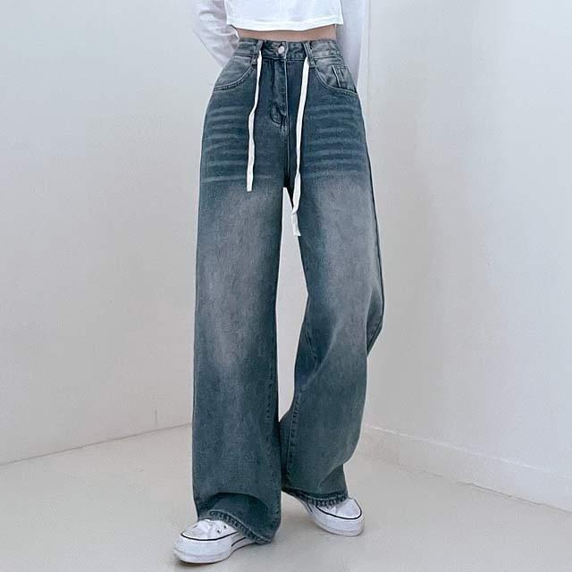 Centimeter waist Faded washing denim wide pants