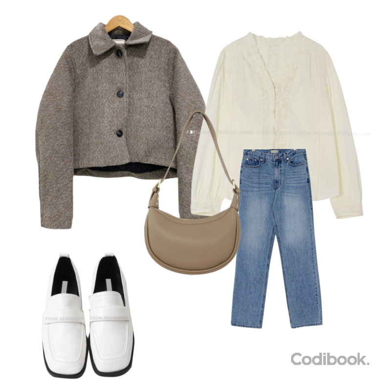 From Beginning 스퀘어앵글 베이직로퍼 (4color),Qnigirls 하프문 반달미니숄더크로스백,byclothes 엣트 모헤어 자켓등을 매치한 코디