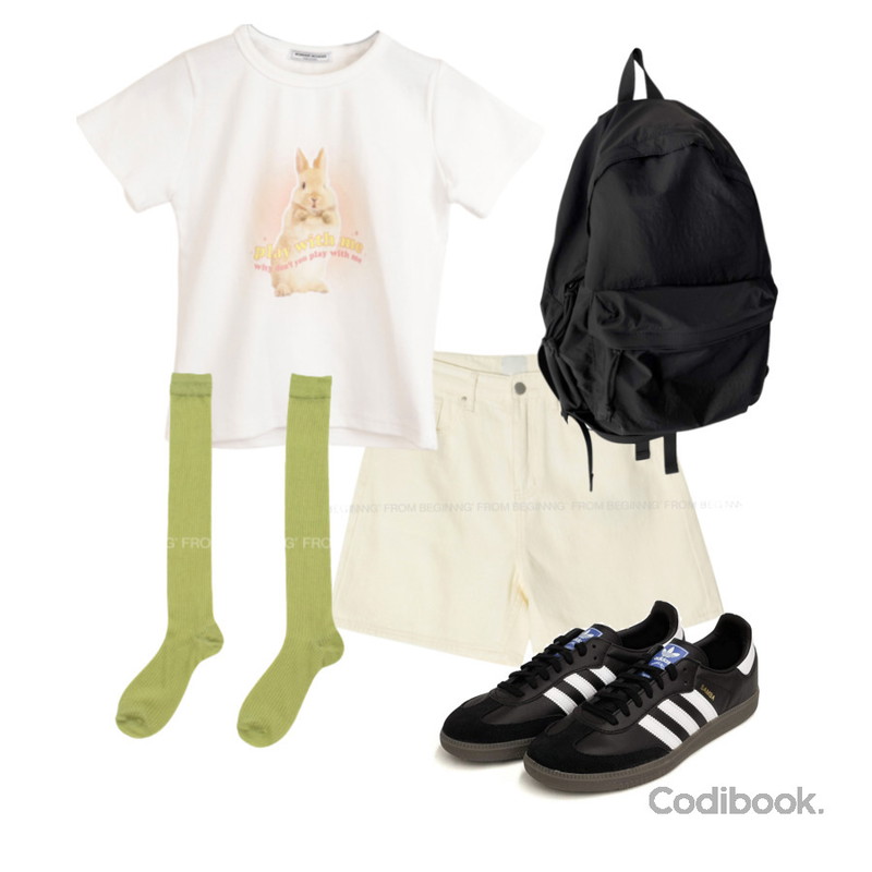 kim9hope nylon strap backpack,From Beginning 썸머코튼 베이직4부팬츠 (2color),wonderwonder 엘카 버니 토끼 프린팅 크롭 반팔 티셔츠등을 매치한 코디