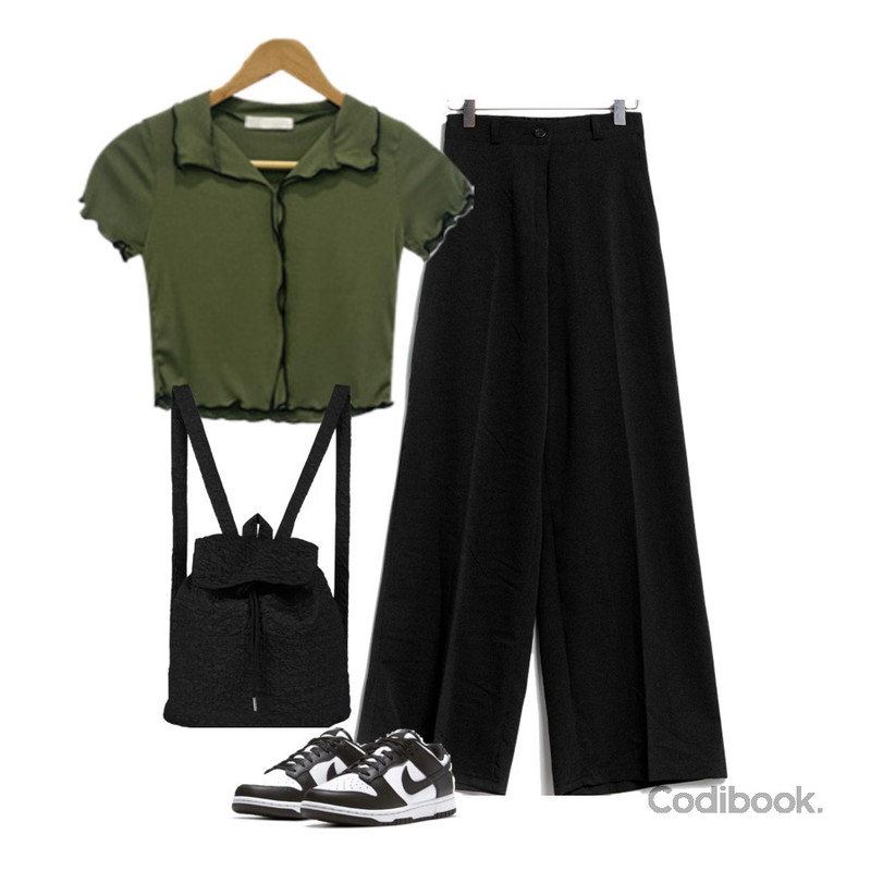 Dday Girl 물결 크롭 반소매 티셔츠 (20%),DANGDANG GIRL 빅사이즈 S-2XL 로앤스 2기장 링클 뒷밴딩 와이드 슬랙스 바지,porterna 리브 오리 백팩등을 매치한 코디