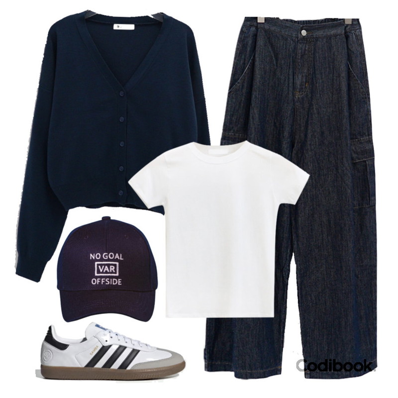 WONLOG 포일 모달(t),DAILYJOU 페라티 베이직 브이넥 가디건 - 5 color,PAIRPLAY SHOP VAR 모자 - 볼캡형, 네이비/화이트등을 매치한 코디