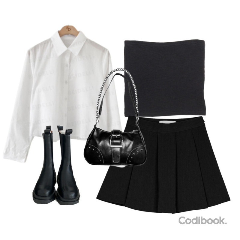 BEIDELLI 파스텔 크롭 데일리 셔츠,BEIDELLI 요즘 대세, 첼시 부츠 (롱.미디엄.스몰),anyonemore 바누 y2k 체인 버클 미니 레더백등을 매치한 코디