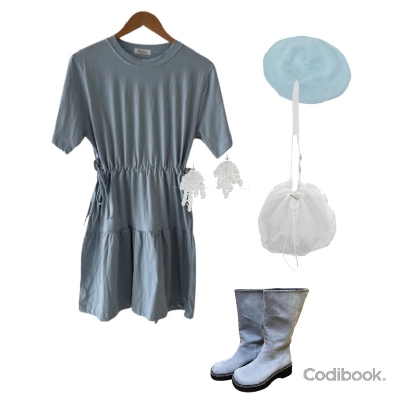 From Beginning 데일리 코튼니트베레모 (16color),moodloveroom 양옆 셔링 미니캉캉 원피스,From Beginning 플로랑 비즈드롭귀걸이등을 매치한 코디