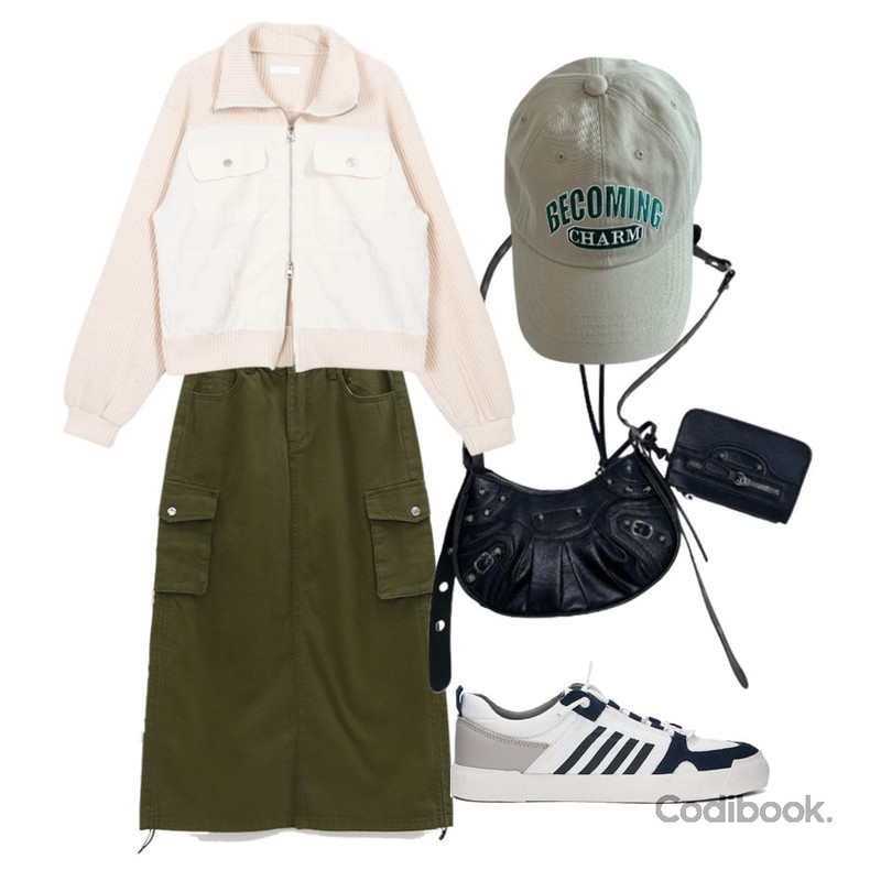 haengzassi 비커밍 참 볼캡 (4 color),porterna 퍼니 스니커즈,DAILYJOU 더슨 카고 스트링 롱 스커트 - 4 color등을 매치한 코디