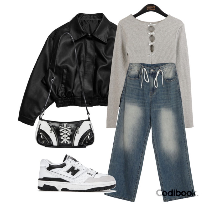 porterna 보이 코르셋 숄더 백,AWAB 스트링데님워싱와이드팬츠 -키작녀/기장선택/3color/free size,anyonemore 투크 블랙 레더 카라 자켓등을 매치한 코디