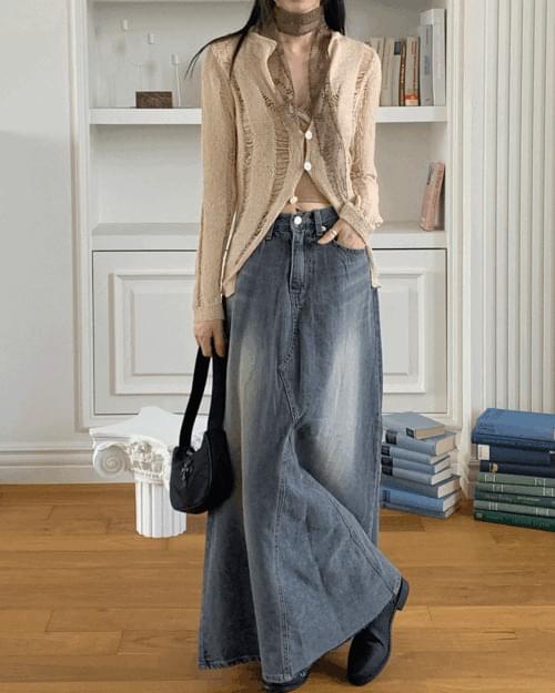 【WONDER WONDER】Lazer cut patch maxi denim long skirt wonderwonder - Large Split patch maxi denim long skirt