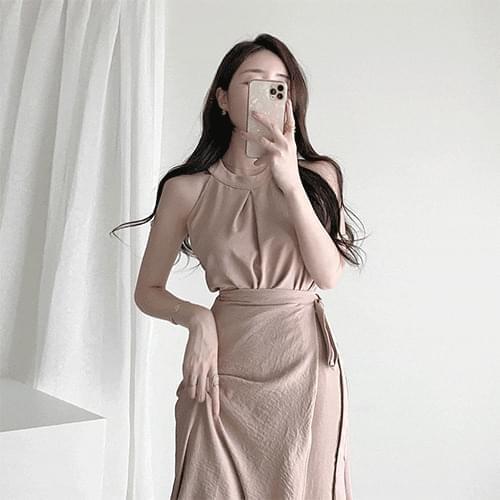 Thin Halter Neck Blouse Wrap Skirt Two Piece Set 2color (Ships Today)