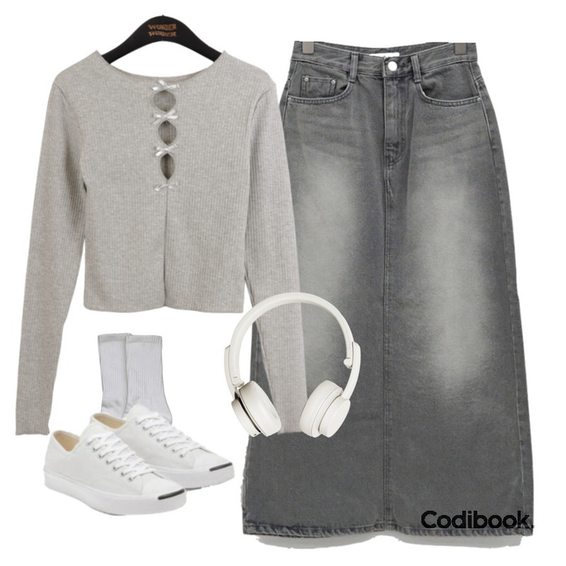 kim9hope 07 sports socks,DAILYJOU 데모스 워싱 데님 롱 스커트 - 3 color,wonderwonder 오디 리본 홀 라운드 긴팔 티셔츠등을 매치한 코디