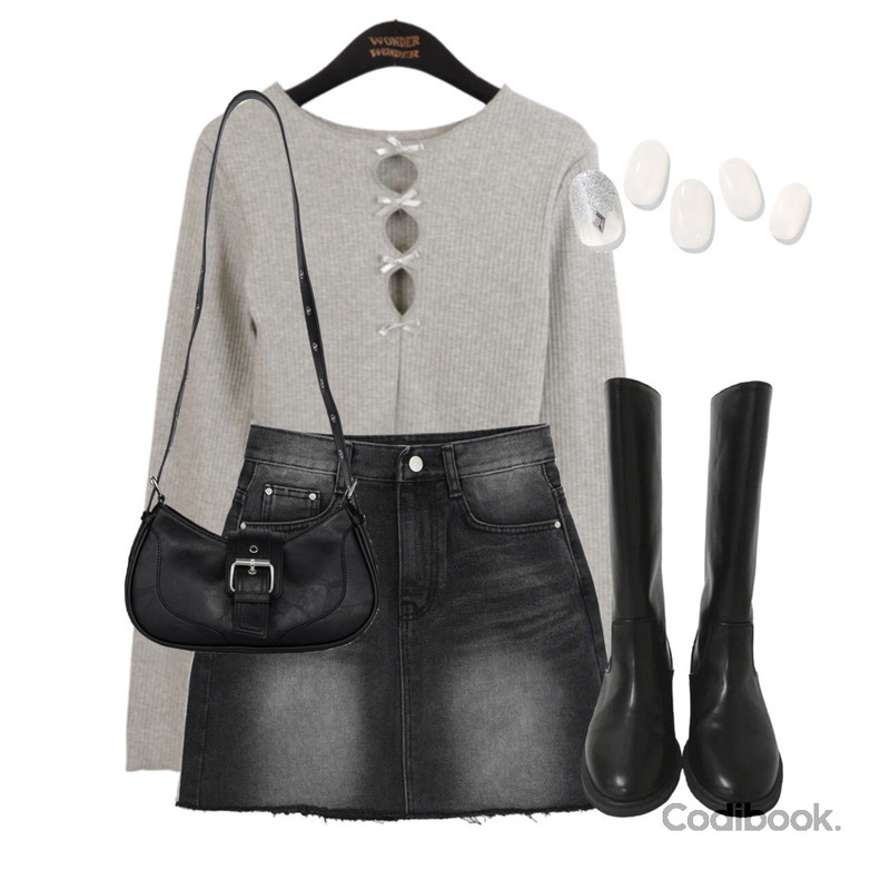 ZINIPIN CBQ0011.루미너스,porterna 듀즈 버클 숄더 백,wonderwonder 오디 리본 홀 라운드 긴팔 티셔츠등을 매치한 코디