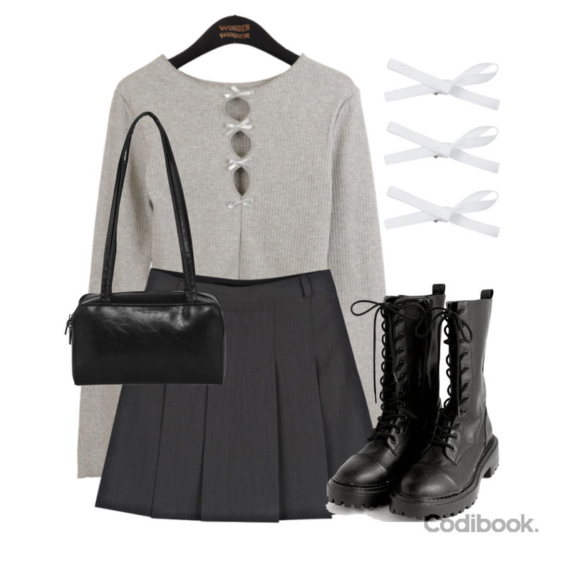 porterna 이브 리본 헤어 핀,DANGDANG GIRL 니벤 지퍼 레이스업 통굽 워커,wonderwonder 오디 리본 홀 라운드 긴팔 티셔츠등을 매치한 코디