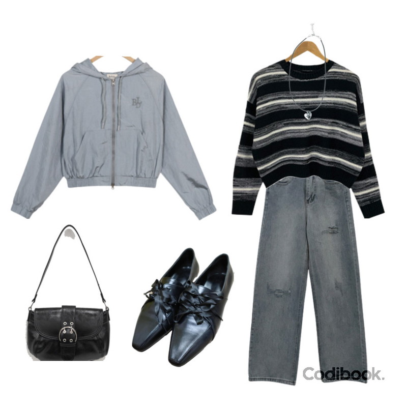 tipssy Ribbon lace-up ropper,ccomeng 4계절데미지워싱데님와이드롱팬츠,DANGDANG GIRL 통통 볼드 하트 목걸이등을 매치한 코디