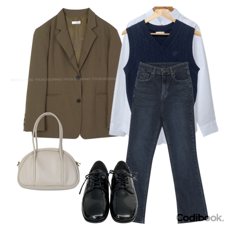 porterna 커브 라운드 토트 백,heyrozy ozzy - 클래식옥스퍼드shoes,From Beginning 켈렌 오버핏싱글자켓(3color)등을 매치한 코디