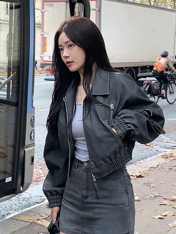 빈티지 로건 크롭 레더자켓 (3color)