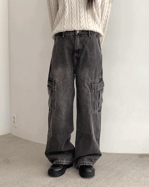 【WONDER WONDER】[S-3XL] Potion Long Wide Denim Cargo Pants WONDER WONDER】[S-3XL] Potion Long Wide Denim Cargo Pants