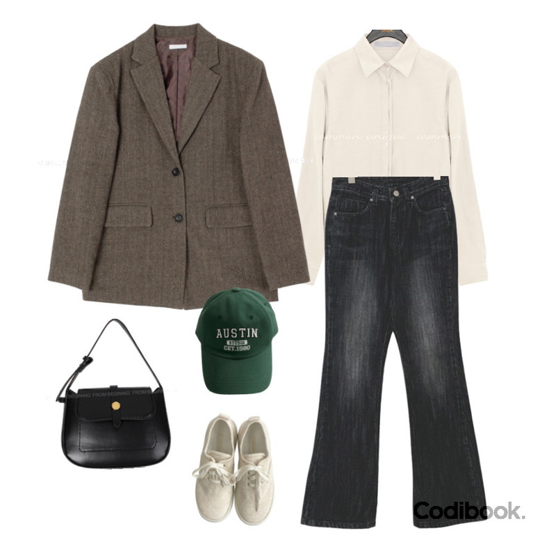 DAILYJOU 서버 레터링 볼캡 - 6 color,DAILYJOU 키튼 스니커즈 - 4 color,common unique 엘루아 버튼 블라우스등을 매치한 코디