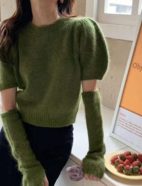 Planning Angora Puff Knitwear Warmer SET) Short-sleeved knit + hand warmer set: D