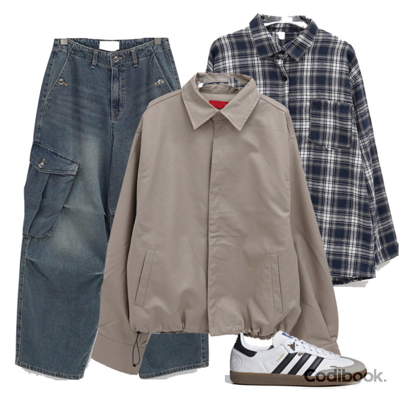 DAILYJOU 카트너 파라슈트 카고 워싱 데님 팬츠(S,M) - 2 color,DAILYJOU 트론즈 오버핏 체크 남방 셔츠,DAILYJOU 호페 스트링 오버핏 레더 자켓(공용)(M,L) - 2color등을 매치한 코디