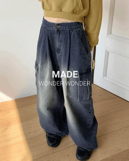 【WONDER WONDER】[MADE] Banding Big Cargo L Wide Denim PT MADE] Copter Vintage Washing Two-Way Banding Big Cargo Long