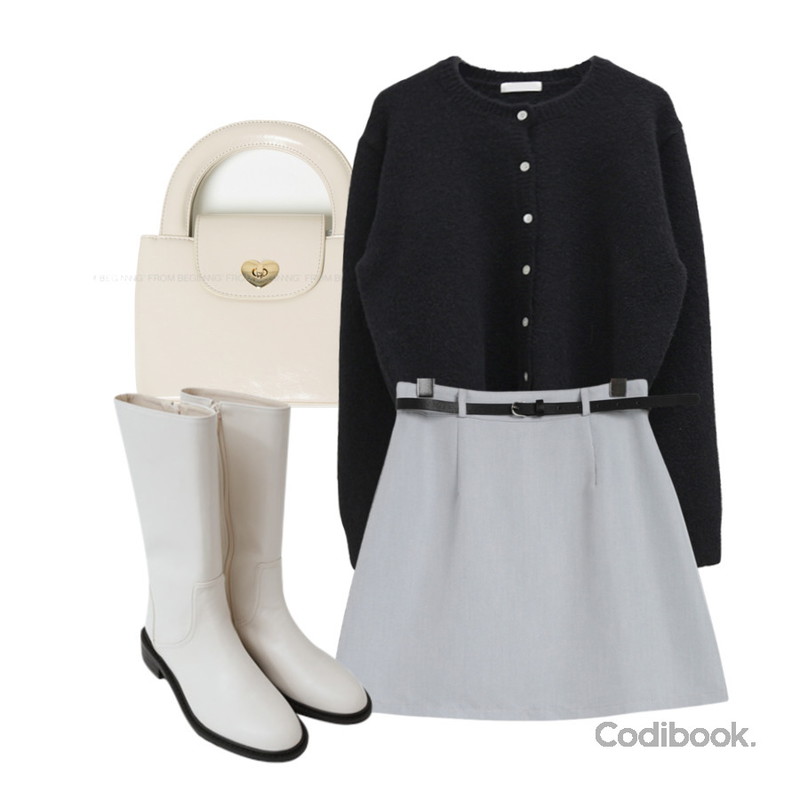 ENVYLOOK 케이튼미들부츠,From Beginning 하트락 레더토트숄더백 (2color),TWEE 벨트SET A라인미니스커트 포빈 벨트 세트 미니 스커트(여름하객룩, A라인치마, 텐셀치마)등을 매치한 코디
