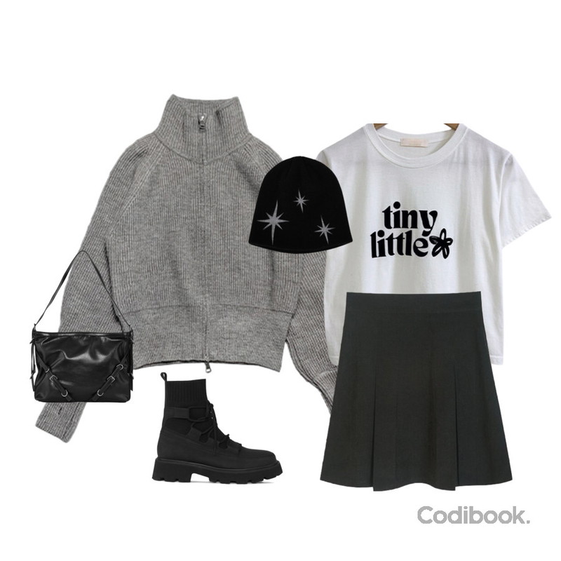 byclothes 테니 기모 반팔티,binary01 메르니 스타비니,anyonemore 스드 투웨이 워머 니트 집업 가디건등을 매치한 코디