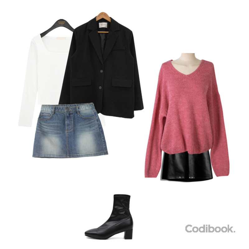 ITSHU 세미 사각코 뾰족코 둥근코 삭스부츠(3/5/7cm),LILYTI 알파브이 니트 (알파카혼방 루즈핏 브이넥 앙고라 벌룬소매 긴팔 아이보리/베이지/소라/카키/차콜/핑크),DAILYJOU 오브 베이직 미디 자켓 - 3 color등을 매치한 코디