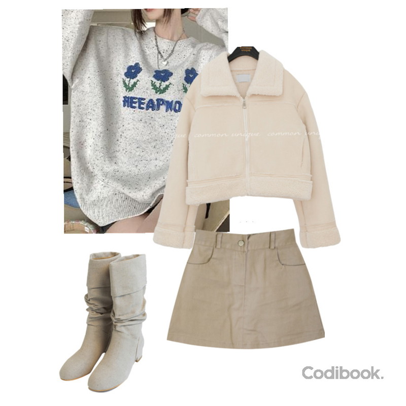 DANGDANG GIRL 카센 린넨 하프 여름 부츠,Wansmall 프로망 플라워 레터링 루즈핏 니트 - kn28661,common unique 로메쉬 스웨이드 덤블 무스탕등을 매치한 코디