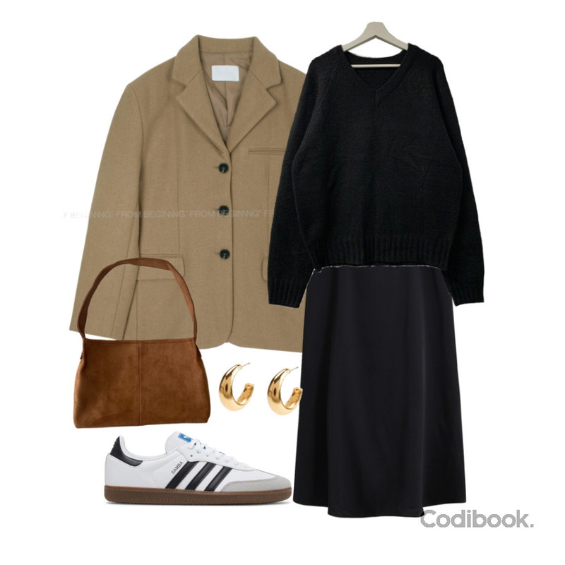 RIGHT HERE 볼드 라운드 링 WE248 W,WONLOG 플리아 새틴 스커트,From Beginning 레번 데일리울자켓(울50%)(4color)등을 매치한 코디