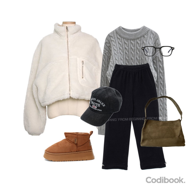 RIGHT HERE 라운드 스퀘어 데일리 뿔테안경 GS85 W,DANGDANG GIRL 웨이크 레터링 자수 데님 청 볼캡 모자,LILYTI 플러피 리버시블 숏점퍼 (하이넥 양면 투웨이 포켓 집업 무스탕 스트링 뽀글이 겨울 아우터 아이보리/베이지/블랙)등을 매치한 코디