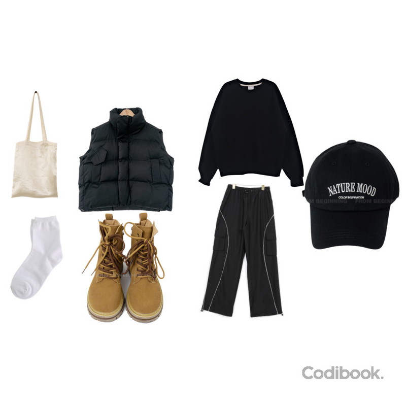From Beginning 네이처 컬러볼캡 (5color),WONLOG 샤틴 에코백,BEIDELLI │요즘딱 웰론 오버핏 패딩조끼등을 매치한 코디