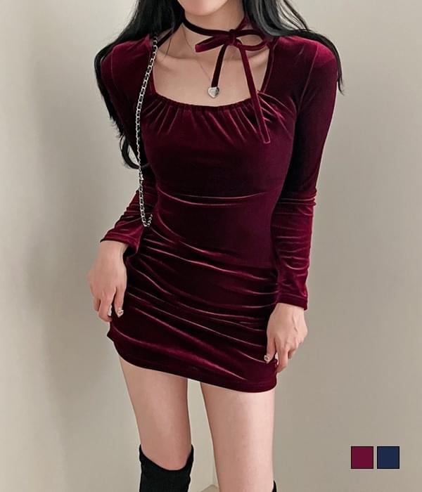 Weekend choker velvet ribbon shirring mini Dress