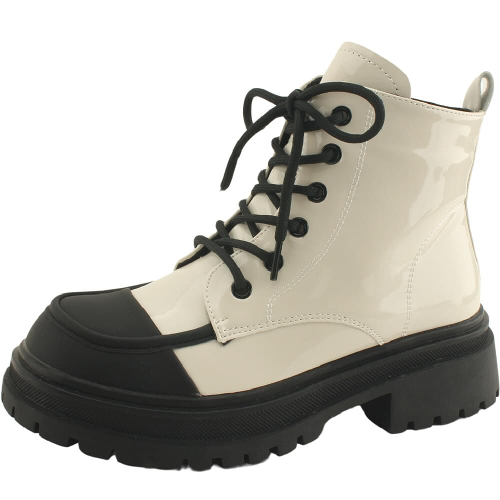 Enamel full heel lace-up low heel walker boots ivory