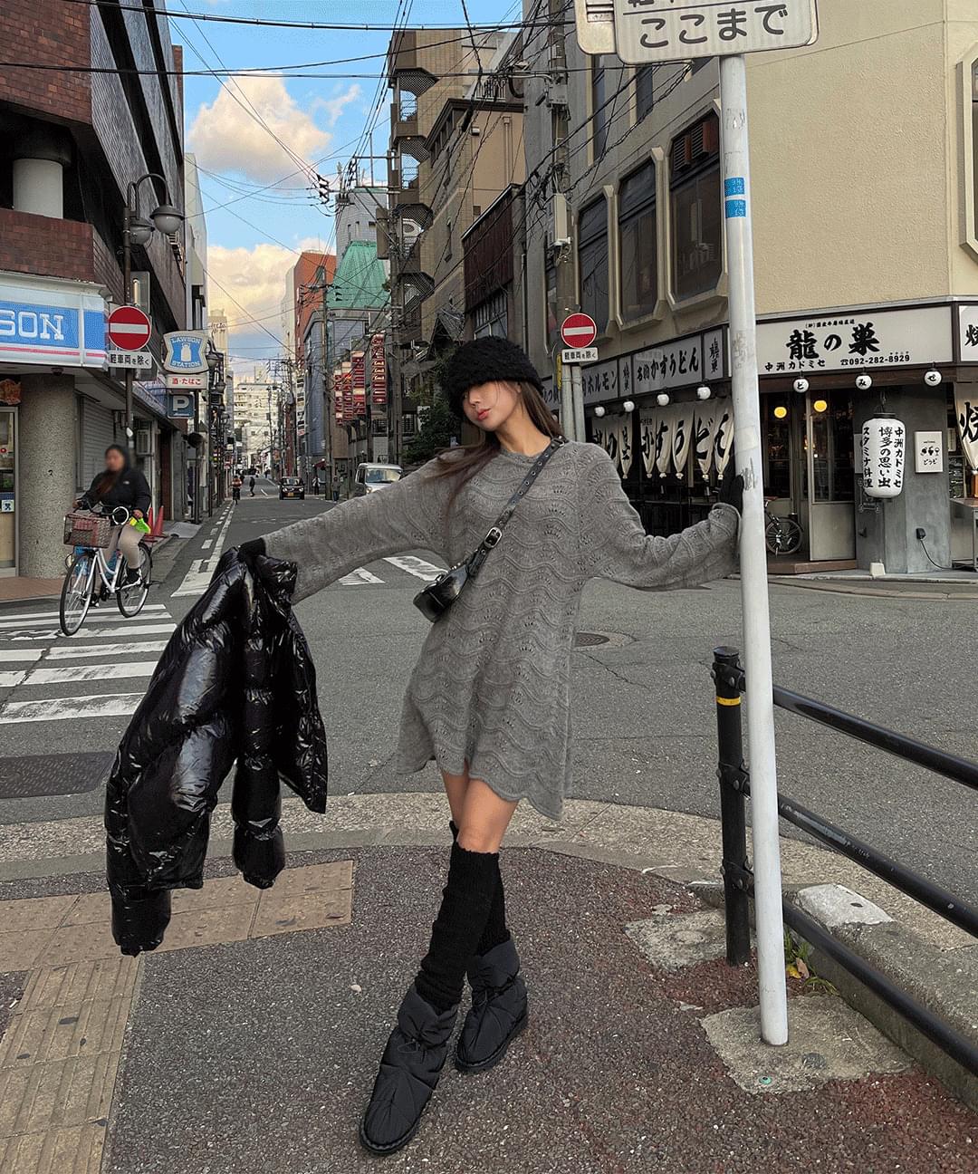 Wave Loose-fit Knitwear A-line feminine year-end look Christmas party look wool mohair mini Dress