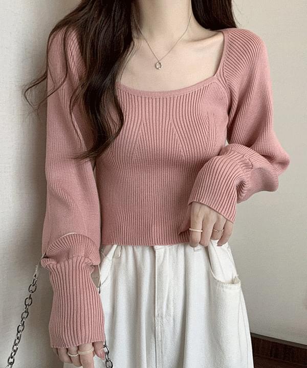 Calf Semi-Puff Raglan Ribbed Cropped Knitwear T-Shirt