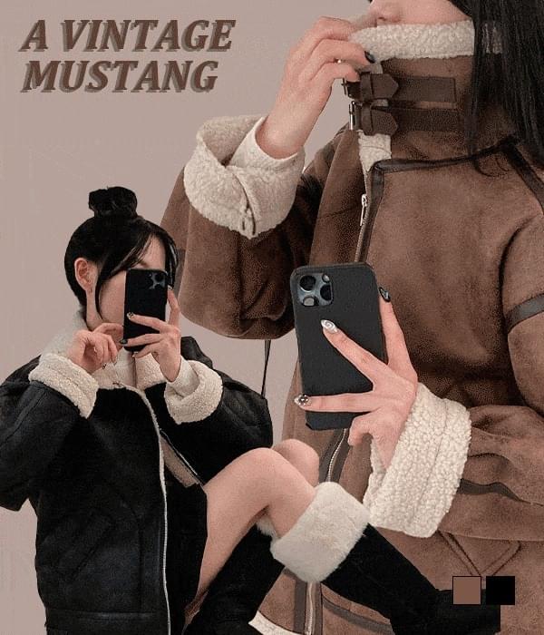 100% trendy, vintage leather fleece collar Shearling jacket