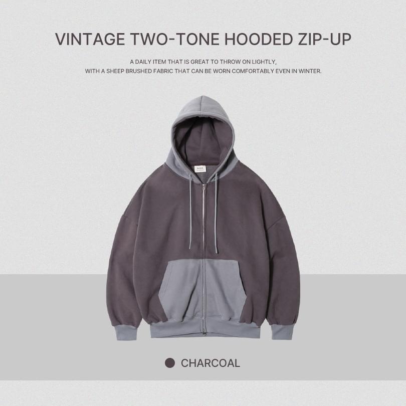 Vintage Two-Tone Coloring Hoodie Zip-Up