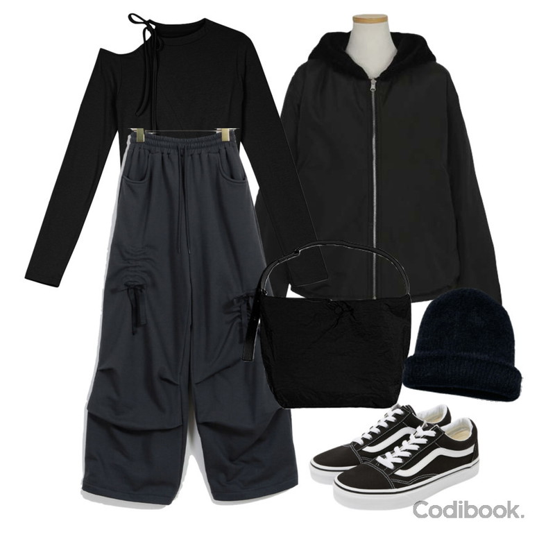 Arco Iris Jade short beanie 제이드 숏 비니,anyonemore 솔트 패딩 숄더 크로스백,binary01 더블 리본 셔링 트레이닝팬츠등을 매치한 코디