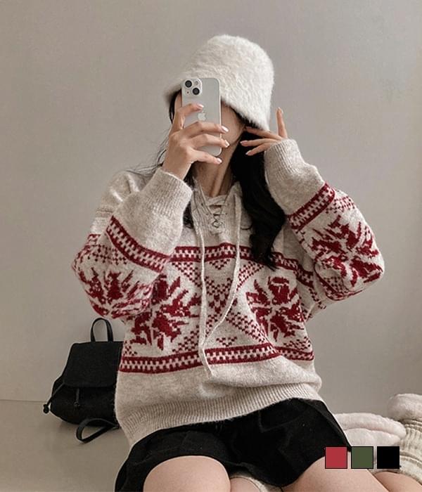 Unique Nordic Snow Embroidery Avant Overfit Button Hood Knitwear