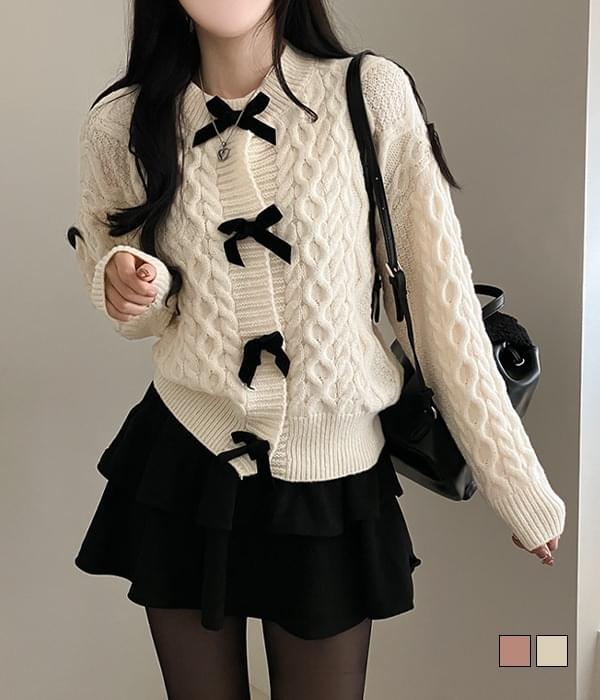 Love Package, Lovely Twisted Velvet Ribbon Long Sleeve Knitwear Cardigan