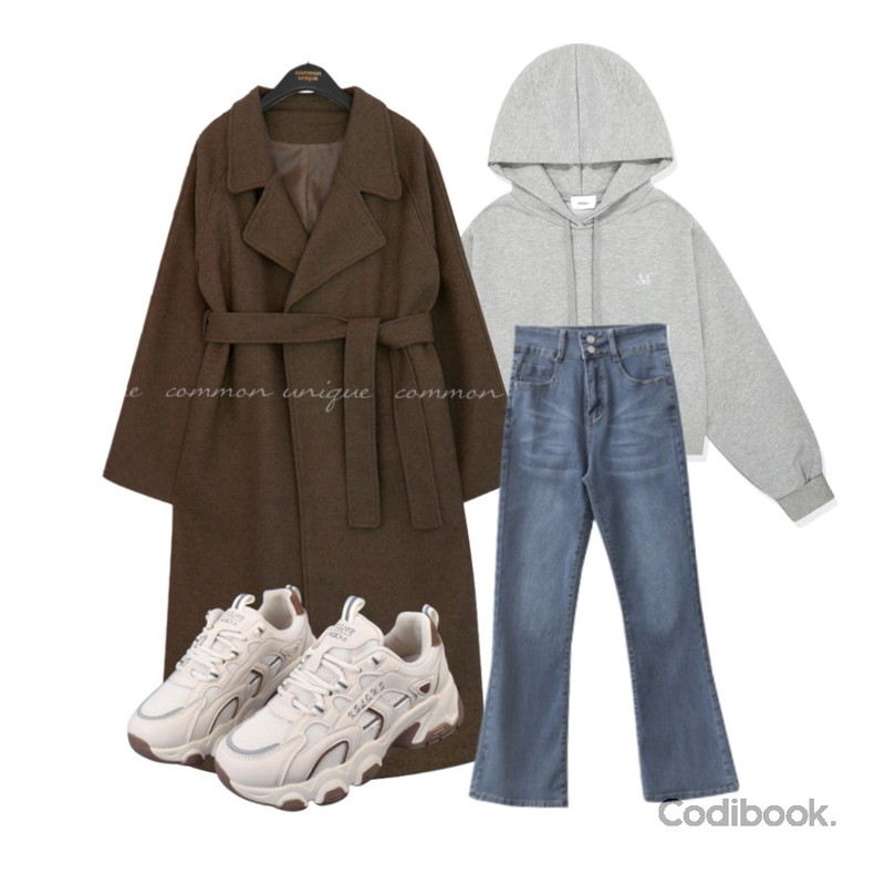 common unique 도이엔 울 스트랩 로브 코트,ENVYLOOK 투버튼부츠컷데님팬츠_CP,MUCENT ARC BACK LOGO HOODIE (Black, Gray)등을 매치한 코디