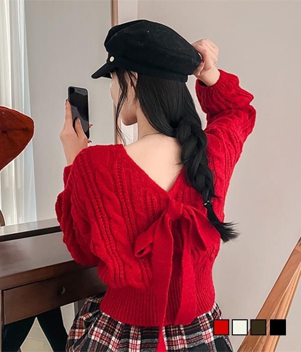 Twisted Back Ribbon Balloon Square Long Sleeve Knitwear that is attractive even from the back 
