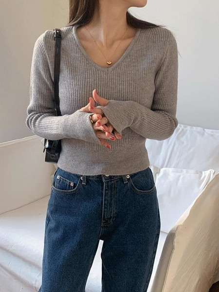 Cien V-Neck Ribbed Warmer Crop Knitwear 