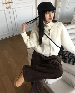 リネットボタンハイネックポケットニットジップアップ