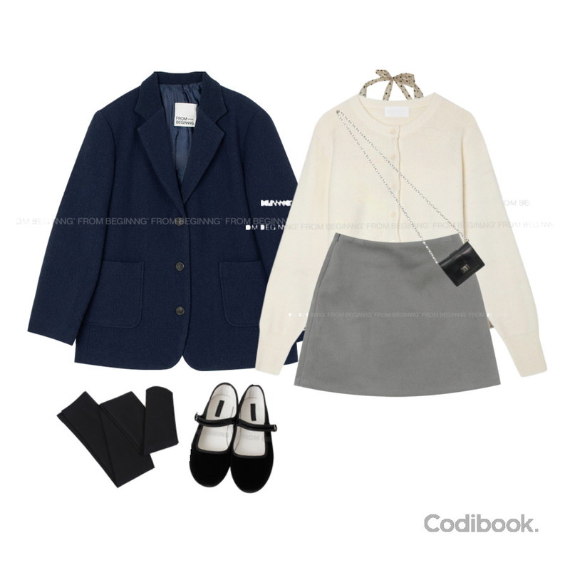 From Beginning 메리제인 벨벳플랫슈즈 (3color),LILYTI 레이카드 크로스백 (카드지갑 아코디언 체인 스트랩 미니백 스퀘어 쉐입 아이보리/블랙),From Beginning 언이븐 빈티지울자켓(울50%)(2온스)(2color)등을 매치한 코디